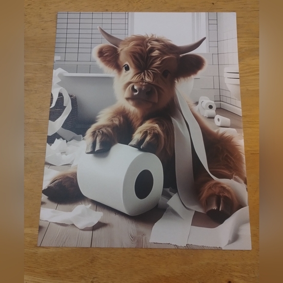 Other - New farmhouse bathroom decor fuzzy cow playing with toilet paper
